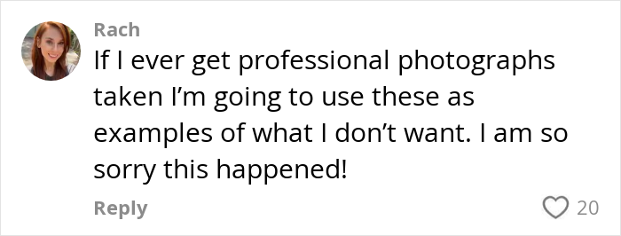 Comment from woman considering recreating wedding photos, expressing regret over how bad the original photos turned out. Comment from woman considering recreating wedding photos, expressing regret over how bad the original photos turned out.