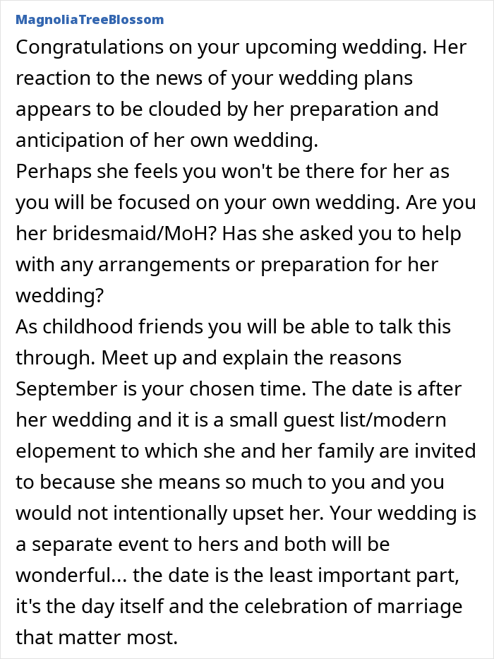 Text excerpt discussing a woman confused why best friend is upset about getting married in the same month. Text excerpt discussing a woman confused why best friend is upset about getting married in the same month.