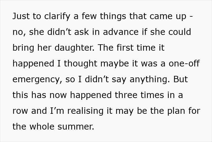 Upset cleaner confronts coworker for bringing her 10-year-old child to work without asking permission.