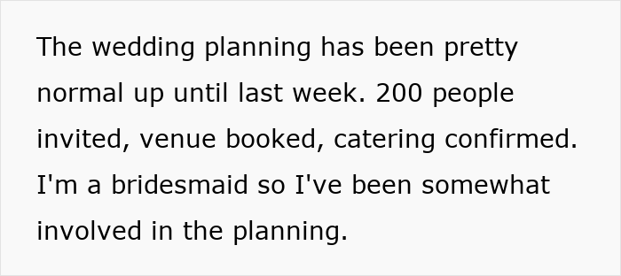 Text excerpt showing bridesmaid discussing normal wedding planning before chaos caused by spiritual bride’s decision two weeks prior.