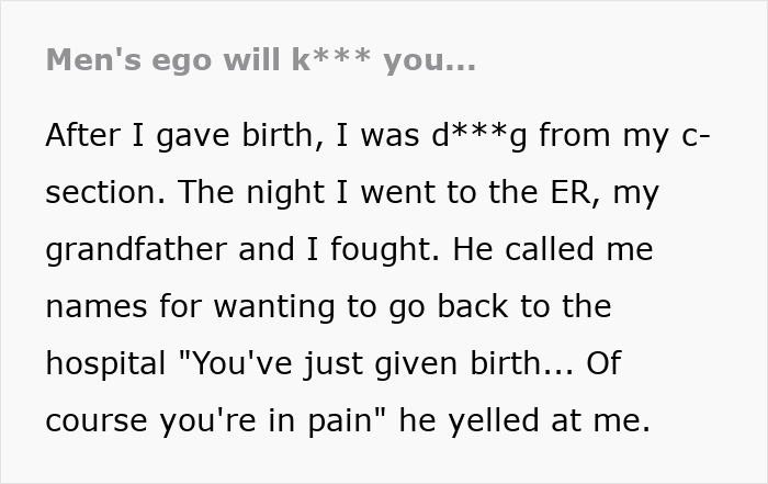 Text snippet describing the grandad's disbelief in the woman's post C-section infection. Text snippet describing the grandad's disbelief in the woman's post C-section infection.
