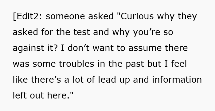 Text snippet reflecting an edit, asking why the MIL requested a test and why the woman is against it. Text snippet reflecting an edit, asking why the MIL requested a test and why the woman is against it.