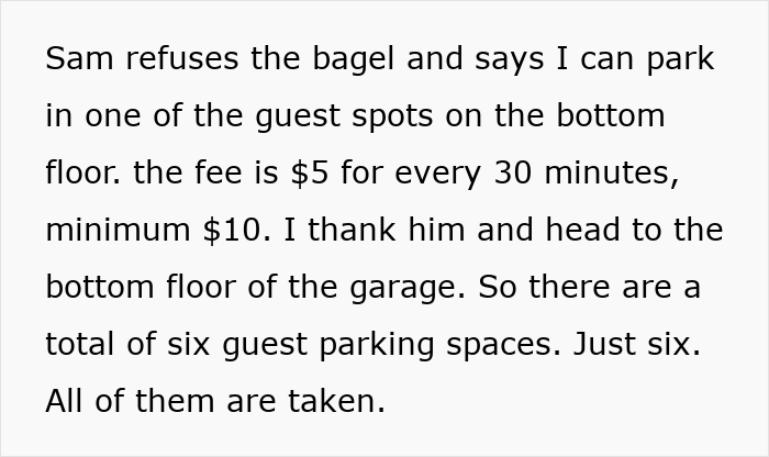 Text about parking fees and guest spots in a garage highlighting a baker delivering bagels amid corporate comedy.