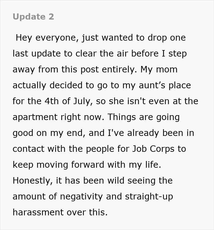 An update about the narcissist mom, explaining she is not home and the daughter is moving forward with Job Corps. An update about the narcissist mom, explaining she is not home and the daughter is moving forward with Job Corps.