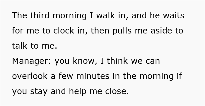 Text showing a conversation about being late and sticking to a schedule with a manager suggesting compromise for morning lateness. Text showing a conversation about being late and sticking to a schedule with a manager suggesting compromise for morning lateness.