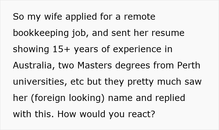 ALT text: Text message describing a woman with 15 years of experience overlooked for a remote bookkeeping role after sending her resume.