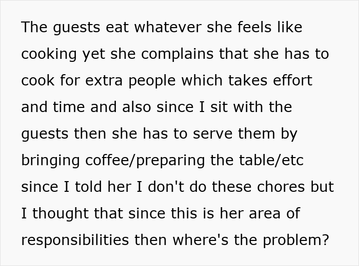Text excerpt explaining a man expecting his wife to cook and serve guests, sparking an internet reality check. Text excerpt explaining a man expecting his wife to cook and serve guests, sparking an internet reality check.