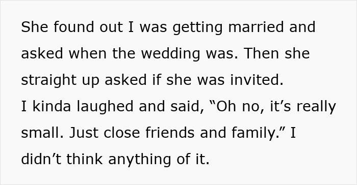 Text excerpt about a wedding invitation misunderstanding leading to a coworker reporting the person to HR. Text excerpt about a wedding invitation misunderstanding leading to a coworker reporting the person to HR.