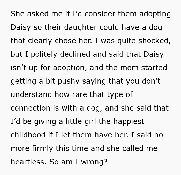 Parents demand stranger's dog for daughter after rare connection, but owner declines adoption request firmly. Parents demand stranger's dog for daughter after rare connection, but owner declines adoption request firmly.