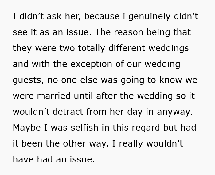 Text excerpt discussing a woman confused why her best friend is upset about them getting married in the same month. Text excerpt discussing a woman confused why her best friend is upset about them getting married in the same month.