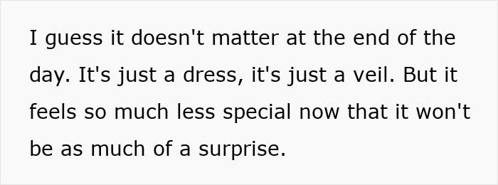 Text showing a woman devastated as her mother-in-law’s loud comments ruin the magic of her wedding dress surprise. Text showing a woman devastated as her mother-in-law’s loud comments ruin the magic of her wedding dress surprise.