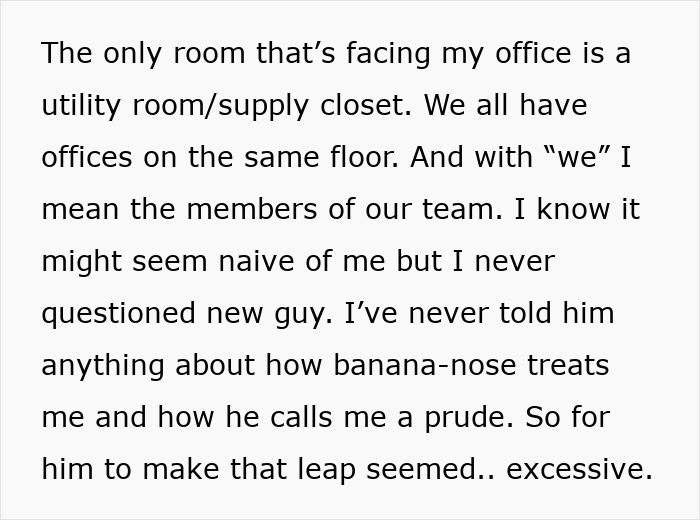 Text detailing office layout and a coworker's surprise at a new guy's behavior, related to a rejected coworker. Text detailing office layout and a coworker's surprise at a new guy's behavior, related to a rejected coworker.