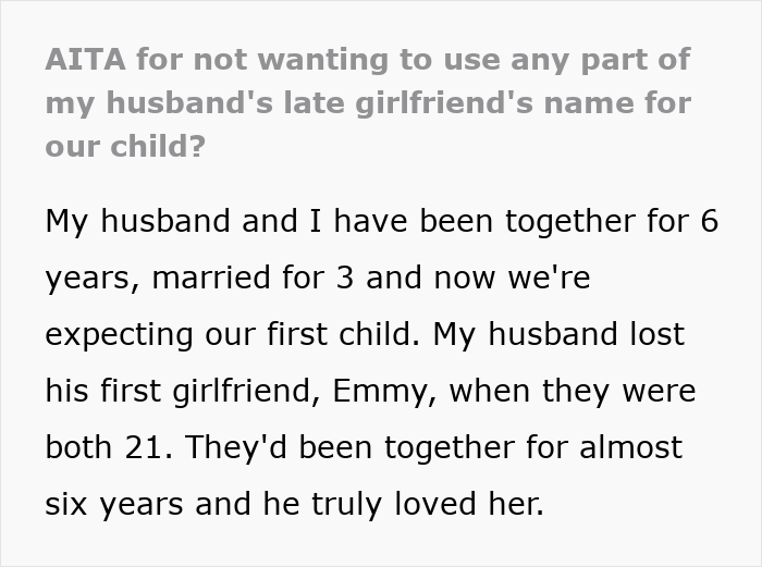 Text excerpt about husband losing his first girlfriend at 21 and wanting to name baby after her, upsetting wife. Text excerpt about husband losing his first girlfriend at 21 and wanting to name baby after her, upsetting wife.