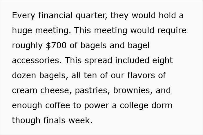 Text describing a corporate meeting with $700 spent on bagels and accessories, highlighting bagels as central to the story.
