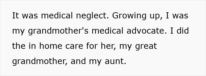 Text snippet revealing medical neglect in the family, tying into the woman's post C-section infection story. Text snippet revealing medical neglect in the family, tying into the woman's post C-section infection story.