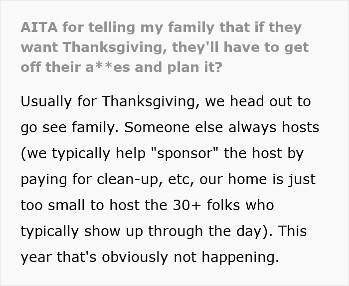 Woman upset as husband assumed she planned Thanksgiving despite never hosting the event or making plans before.