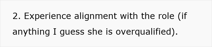 Text excerpt highlighting experience alignment, referring to a woman with 15 years of experience overlooked for a role.