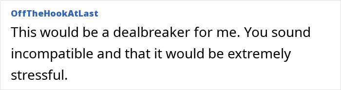 User comment expressing concern about incompatibility and stress related to a woman thinking she’s met a perfect man. User comment expressing concern about incompatibility and stress related to a woman thinking she’s met a perfect man.