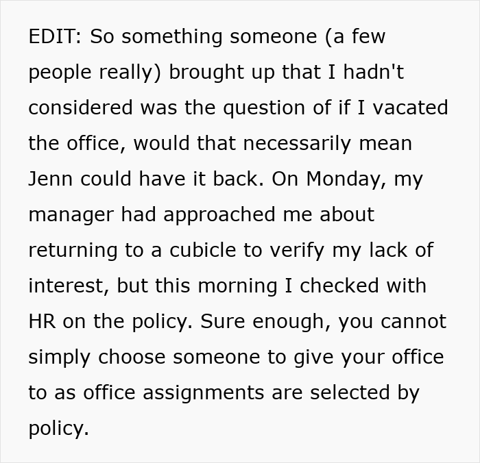 Woman expects her private office back after working from home, faces reality of office assignment policy changes. Woman expects her private office back after working from home, faces reality of office assignment policy changes.