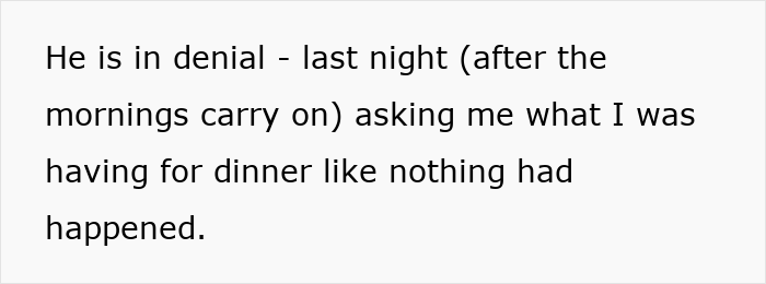 Text snippet: husband in denial after breaking postnup promise, asking about dinner as if nothing happened during years of marriage. Text snippet: husband in denial after breaking postnup promise, asking about dinner as if nothing happened during years of marriage.