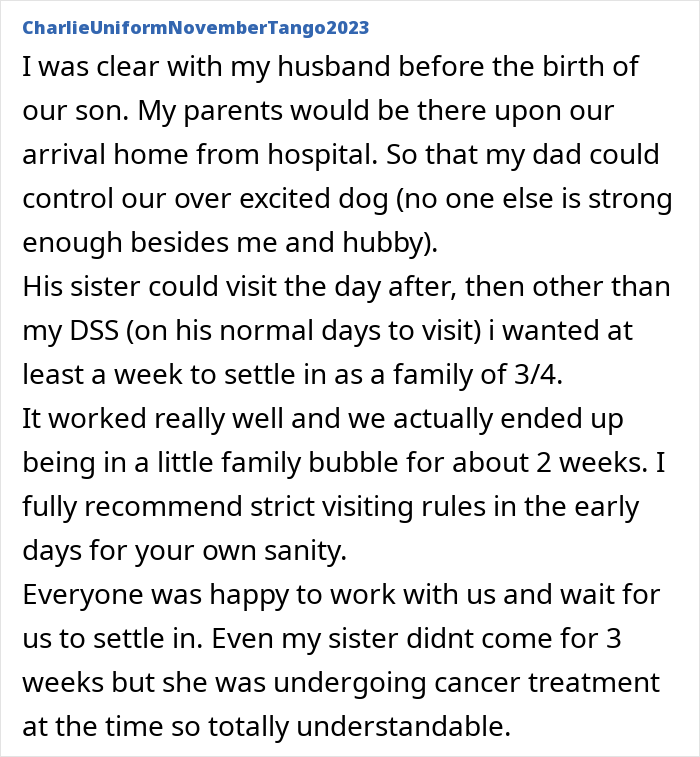 Mom-to-be discusses postpartum help preferences with mom while husband focuses on grandparent balance at home.