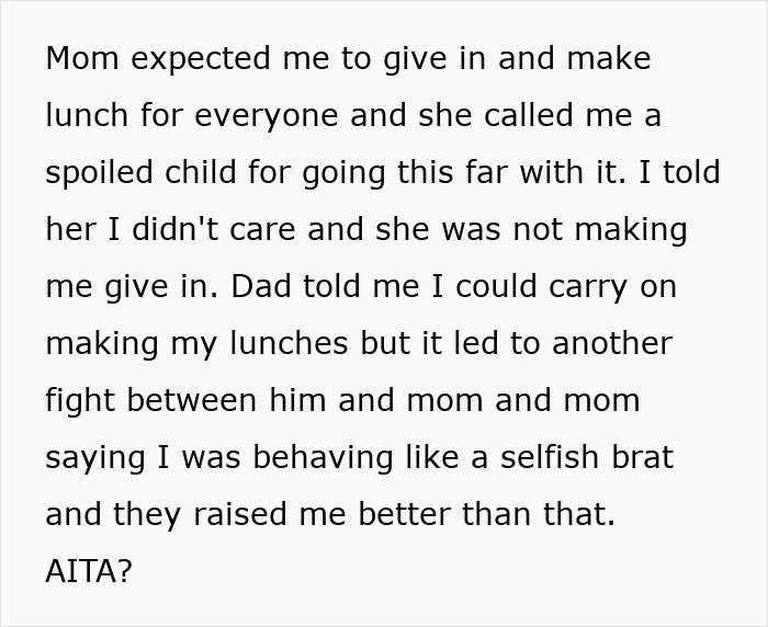 Boy faces mom's guilt trip after making lunch only for himself, sparking family conflict over selfishness and expectations.