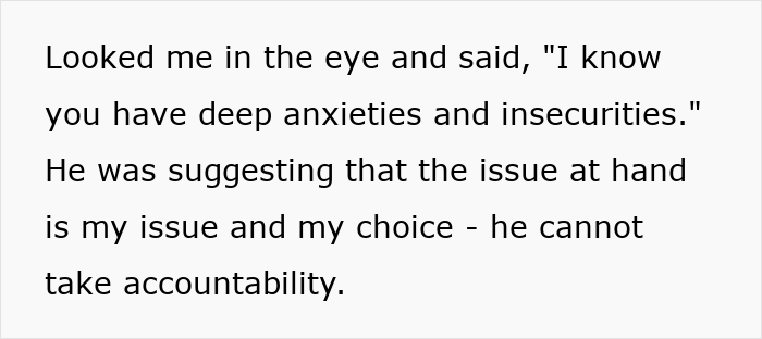 A screenshot of text about the FIL looking the DIL in the eye, saying she has deep anxieties, and refusing accountability after her miscarriage. A screenshot of text about the FIL looking the DIL in the eye, saying she has deep anxieties, and refusing accountability after her miscarriage.