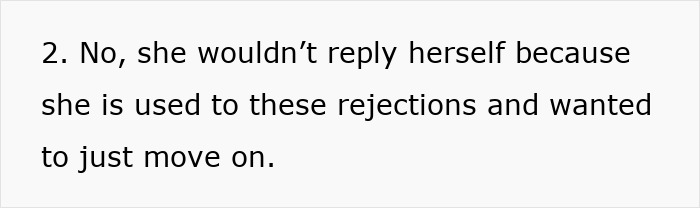 Text showing a response about a woman with 15 years of experience overlooked for a role explaining why she didn’t reply to rejection.