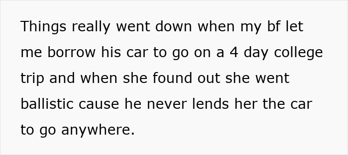 Screenshot of text describing the autistic guy lending his GF his car, triggering his mom's psycho reaction. Screenshot of text describing the autistic guy lending his GF his car, triggering his mom's psycho reaction.