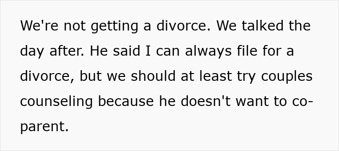A screenshot of text discussing couples counseling after a woman considered leaving her son. A screenshot of text discussing couples counseling after a woman considered leaving her son.