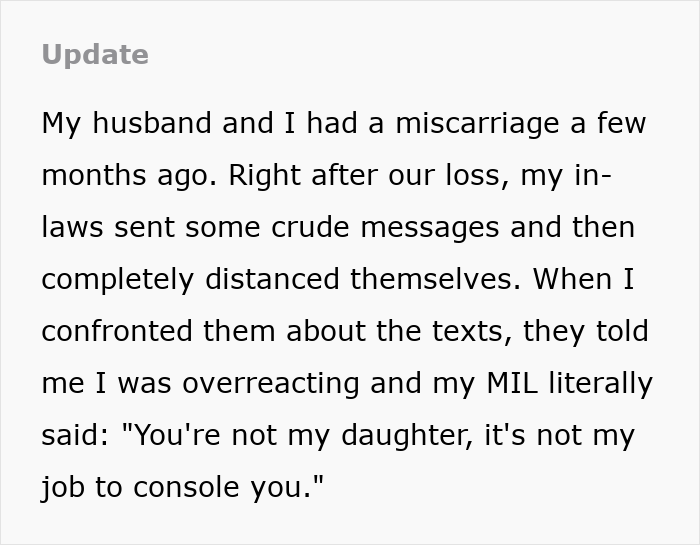 Update text about DIL's miscarriage, revealing MIL's cruel reaction and lack of sympathy about pregnancy competition. Update text about DIL's miscarriage, revealing MIL's cruel reaction and lack of sympathy about pregnancy competition.