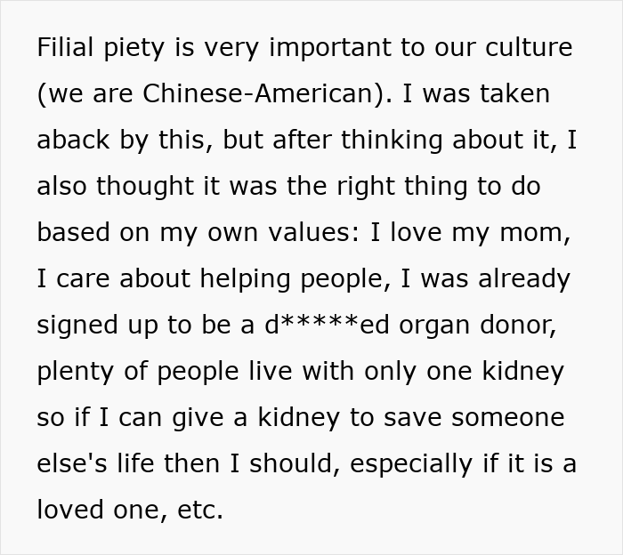 Text snippet: Filial piety is very important to our culture... A woman reflects on donating a kidney to her sick mom. Text snippet: Filial piety is very important to our culture... A woman reflects on donating a kidney to her sick mom.