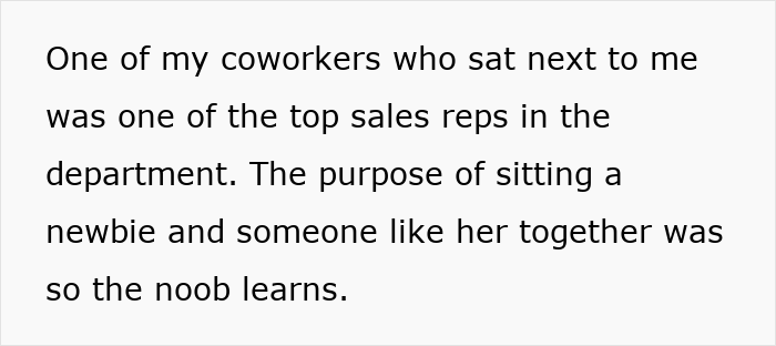 Text excerpt about a coworker sitting next to a top sales rep as part of not in job description petty revenge story. Text excerpt about a coworker sitting next to a top sales rep as part of not in job description petty revenge story.