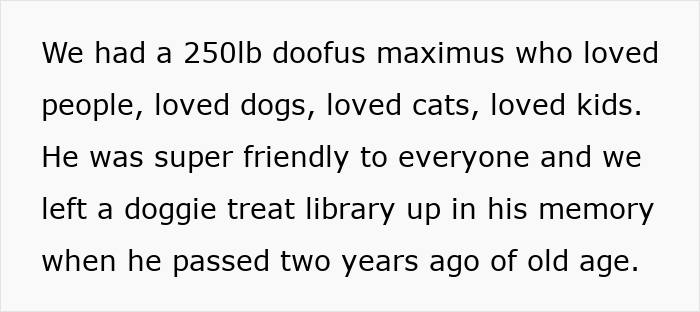Text on a white background describing a friendly 250lb dog who loved people, dogs, cats, and kids, with a treat library in his memory. Text on a white background describing a friendly 250lb dog who loved people, dogs, cats, and kids, with a treat library in his memory.