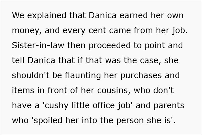 Text excerpt about 21-year-old spending hard-earned money on family vacation causing aunt's upset over cousins' jealousy. Text excerpt about 21-year-old spending hard-earned money on family vacation causing aunt's upset over cousins' jealousy.