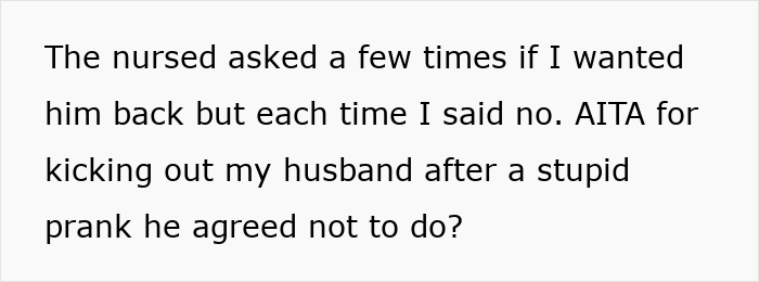 Text conversation bubble showing a wife explaining she removed her husband from delivery room after an inappropriate prank.
