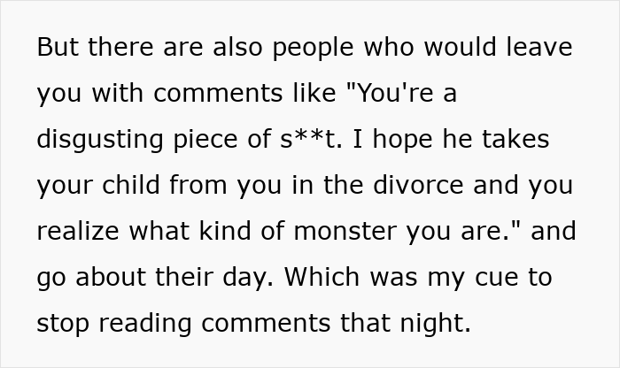 A screenshot shows text from a woman describing harsh comments, including one about leaving her son, when a MIL drives a woman to leave her son. A screenshot shows text from a woman describing harsh comments, including one about leaving her son, when a MIL drives a woman to leave her son.