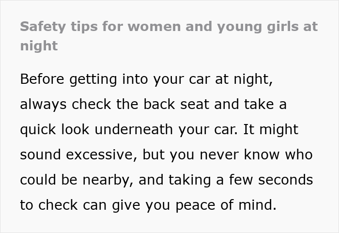 Screenshot of text with safety tips for women on checking car surroundings. Screenshot of text with safety tips for women on checking car surroundings.