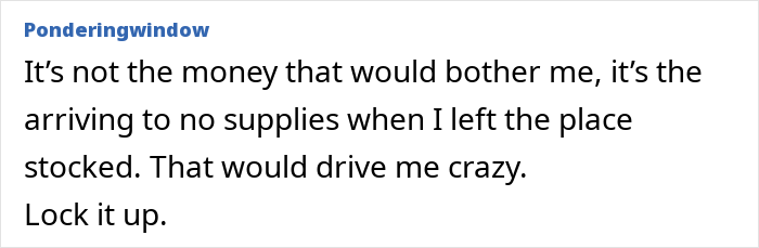 Text post discussing frustration with cheap in-laws and considering locking up food to prevent supplies from being taken. Text post discussing frustration with cheap in-laws and considering locking up food to prevent supplies from being taken.