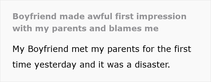 Text post showing a boyfriend making a bad first impression meeting girlfriend’s parents, causing a disaster at lunch.