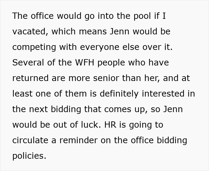 Text excerpt about a woman expecting her private office back after working from home and facing office bidding competition. Text excerpt about a woman expecting her private office back after working from home and facing office bidding competition.