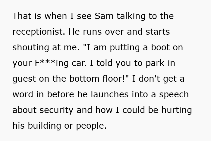 Text excerpt showing a confrontation with Sam about parking, highlighting tension in a corporate comedy scenario.
