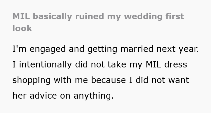 Woman devastated as MIL's loud comments spoil the magic of her wedding dress surprise moment. Woman devastated as MIL's loud comments spoil the magic of her wedding dress surprise moment.