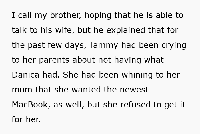 Text excerpt about family tension over gifts and jealousy related to cousins and a family vacation spending. Text excerpt about family tension over gifts and jealousy related to cousins and a family vacation spending.