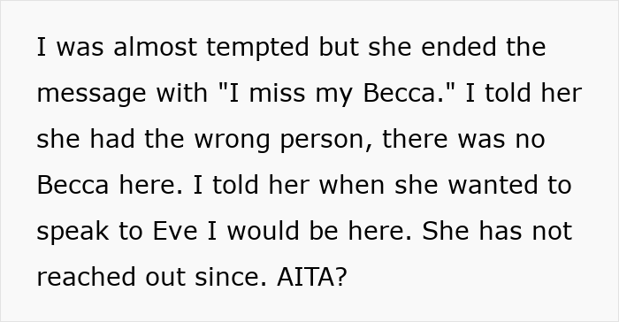 Text excerpt about a mom throwing a fit when daughter changes her name and goes no contact after misunderstanding.