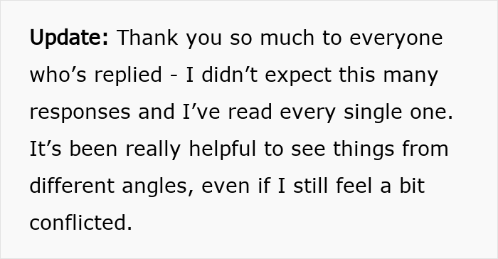 Text update message about responses read and feeling conflicted regarding a cleaner bringing her 10-year-old to work.