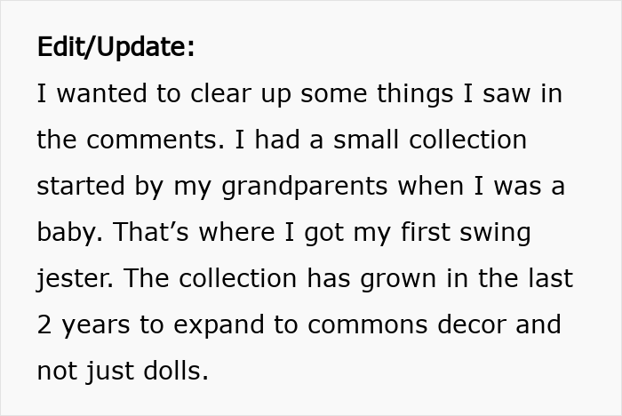 Text update explaining a guy's huge clown collection that started with a swing jester from his grandparents.