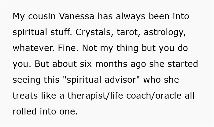 Text about a spiritual bride influenced by a spiritual advisor, leading to chaos weeks before her wedding.