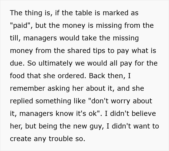 A text story about how managers took missing money from shared tips to pay for a bossy coworker's food. A text story about how managers took missing money from shared tips to pay for a bossy coworker's food.