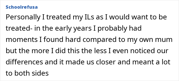 Text post from Schoolrefusa discussing relationships with in-laws and closeness, related to postpartum help from mom.